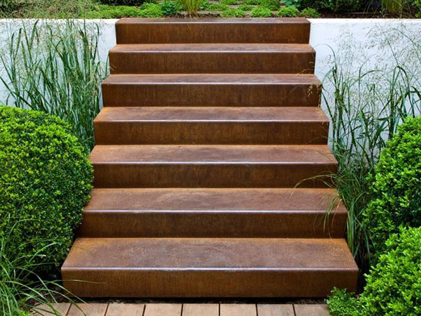 corten steel stairs in garden