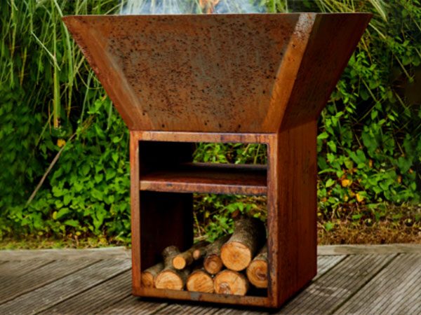 corten steel outdoor burner with wood storage